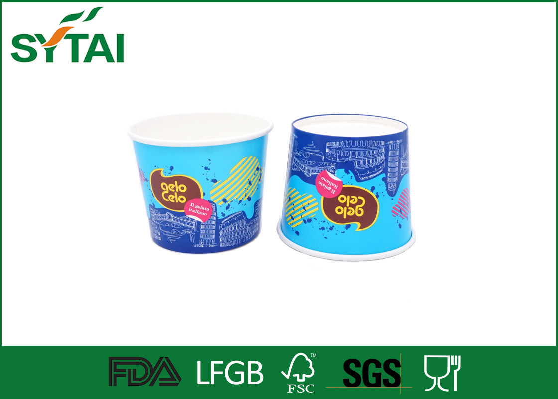 Blue Colorful Paper Ice Cream Cups , Biodegradable custom printed ice cream cups