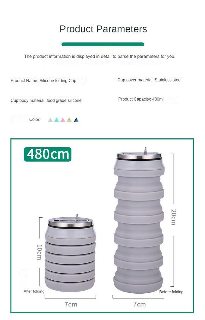 Folding Silica Gel Water Bottle 480ml Collapsible Silicone Coffee Mug 3